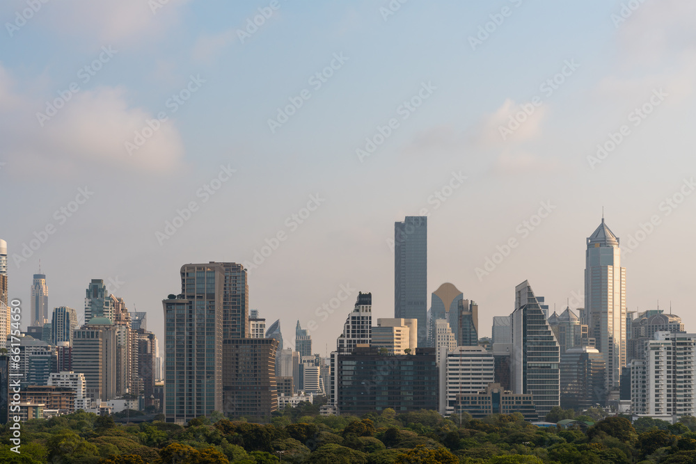 Bangkok skyline with skyscrapers and trees
