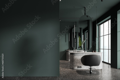 Green barbershop interior with blank wall photo