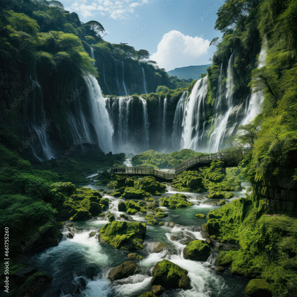 Fototapeta premium Amidst the emerald canopy a waterfall 