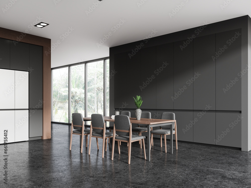 Grey home kitchen room interior with eating table and seats, panoramic window