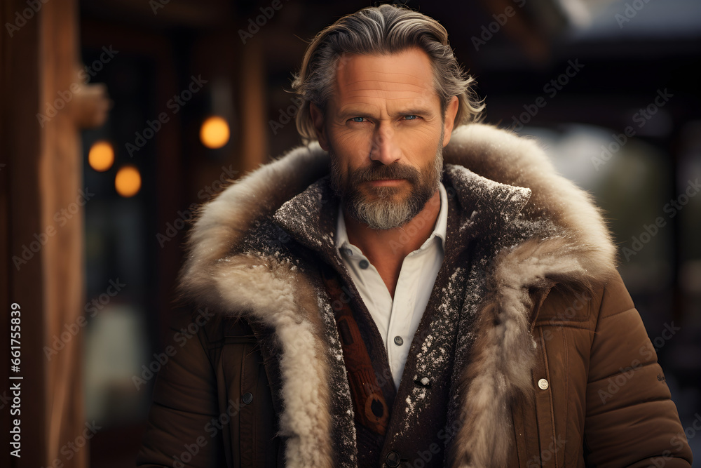 Majestic Winter Style, Sophisticated Mature Man in Urban Fashion, Embracing the Mountain Chalet Majestic Winter Style, Sophisticated Mature Man in Urban Fashion, Embracing the Mountain Chalet