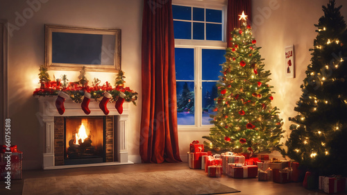 Decorated Christmas tree in sitting room with fireplace, Christmas time. Generative Ai