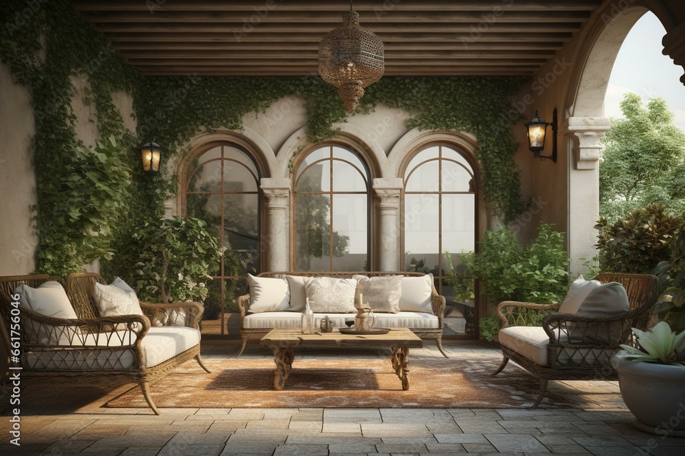 Outdoor seating area, beautiful patio, opulent home decor, digital rendering. Generative AI