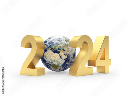 Fototapeta Naklejka Na Ścianę i Meble -  Golden number 2024 with planet Earth. 3d illustration. Elements of this image courtesy of NASA. 