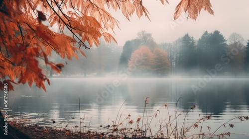 Small beautiful lake at foggy autumn day in the park.