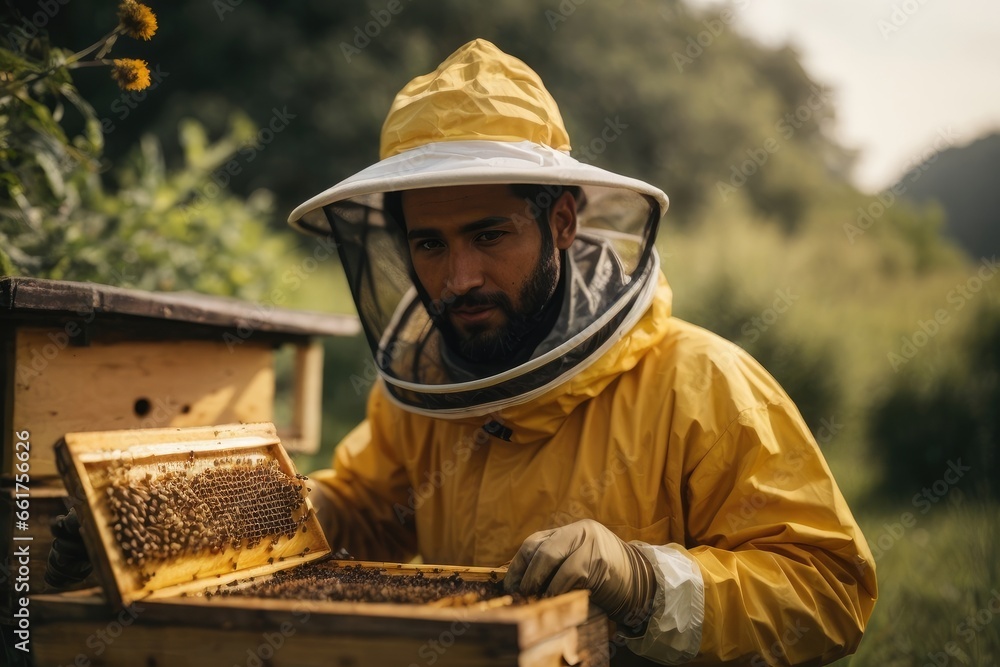 Beekeeper in Protective Clothing Caring for Hive, Collecting Honey Beekeeper in Protective Clothing Caring for Hive, Collecting Honey