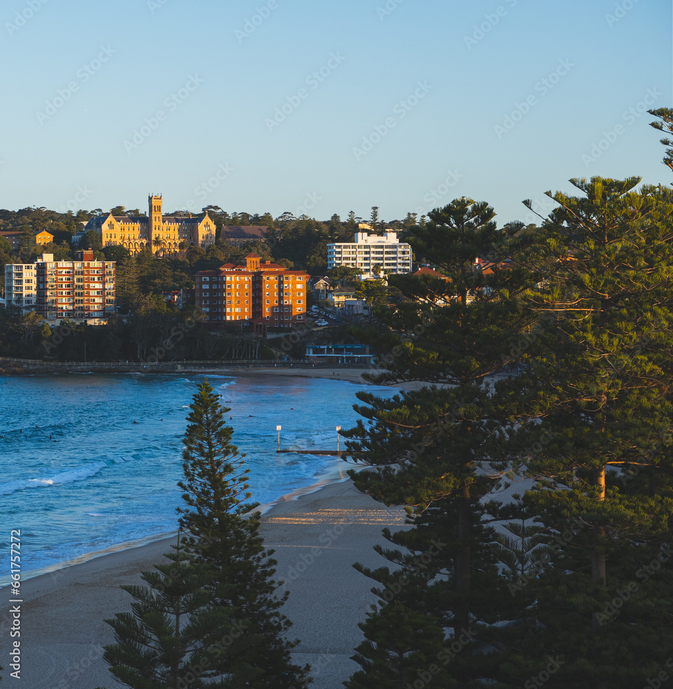 Manly Beach Sydney, Australia.  Houses next to beach, sunset