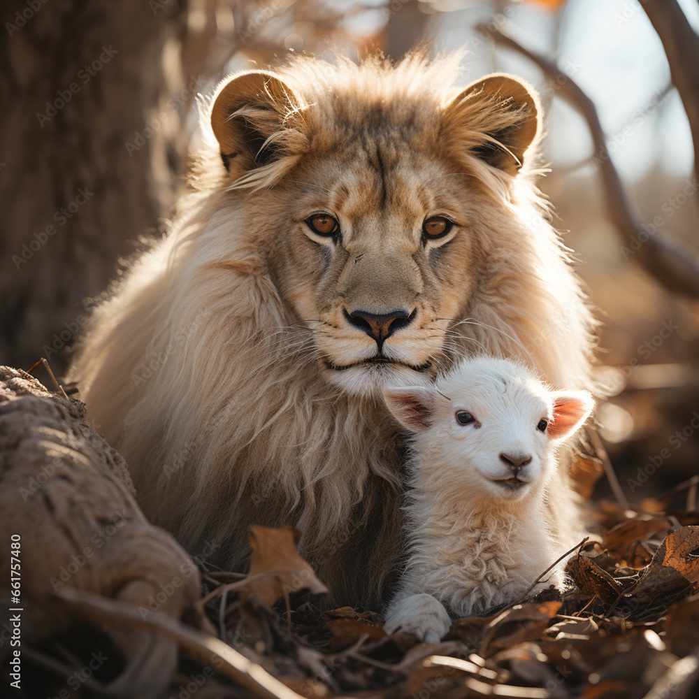 Lion with lamb in autumn forest Lion with lamb in autumn forest
