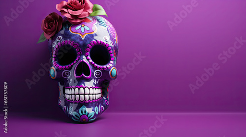 A single sugar skull or Catrina on a purple background or wallpaper