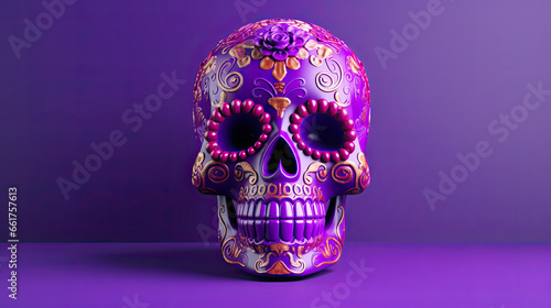 A single sugar skull or Catrina on a purple background or wallpaper