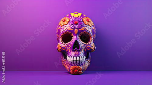 A single sugar skull or Catrina on a violet background or wallpaper