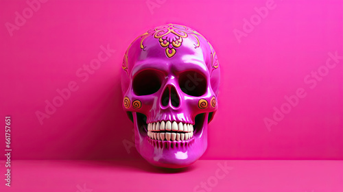 A single sugar skull or Catrina on a fuchsia background or wallpaper