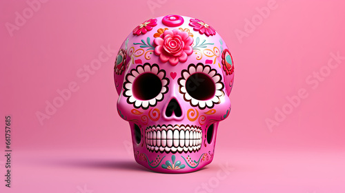 A single sugar skull or Catrina on a pink background or wallpaper