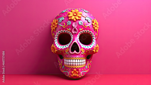 A single sugar skull or Catrina on a pink background or wallpaper