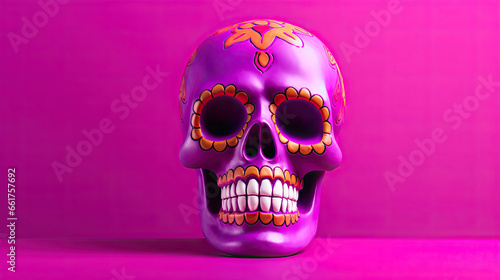 A single sugar skull or Catrina on a magenta background or wallpaper