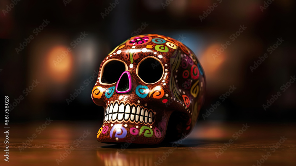 A single sugar skull or Catrina on a dark brown background or wallpaper