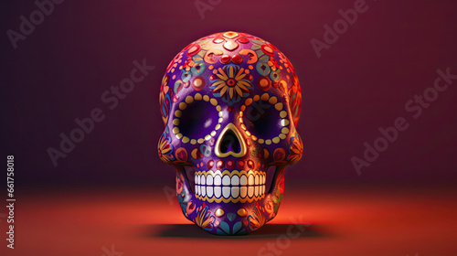 A single sugar skull or Catrina on a dark maroon background or wallpaper