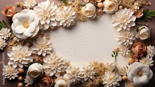 top view of blank paper and flower bouquet and peony flowers on pink background