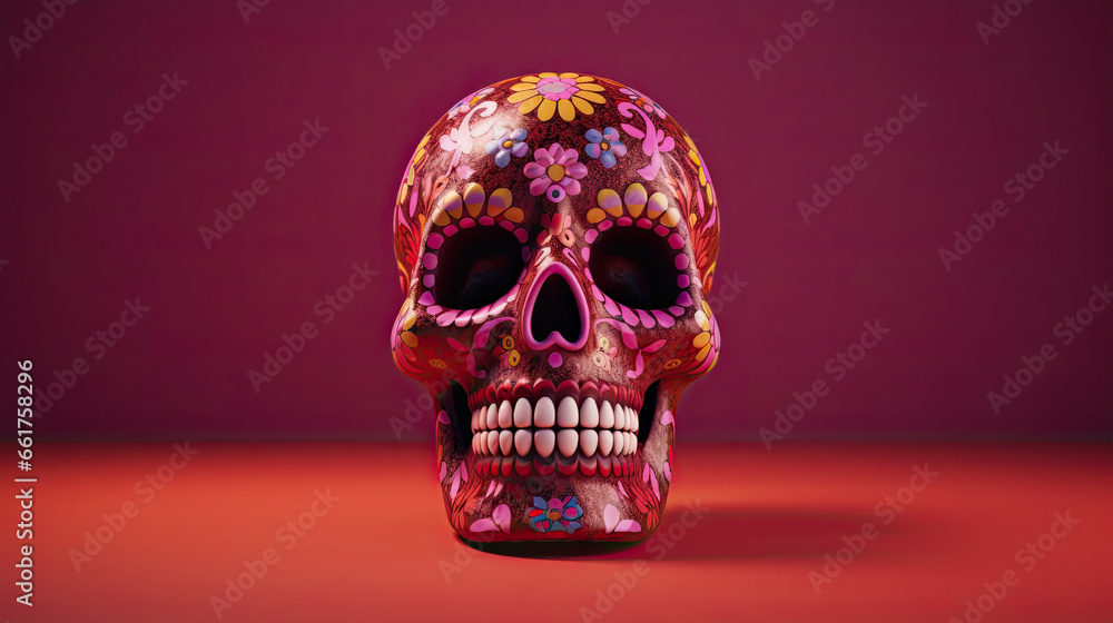 A single sugar skull or Catrina on a light maroon background or wallpaper A single sugar skull or Catrina on a light maroon background or wallpaper