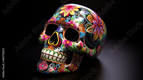 A single sugar skull or Catrina on a light black background or wallpaper