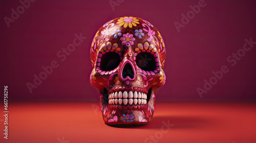 A single sugar skull or Catrina on a light maroon background or wallpaper