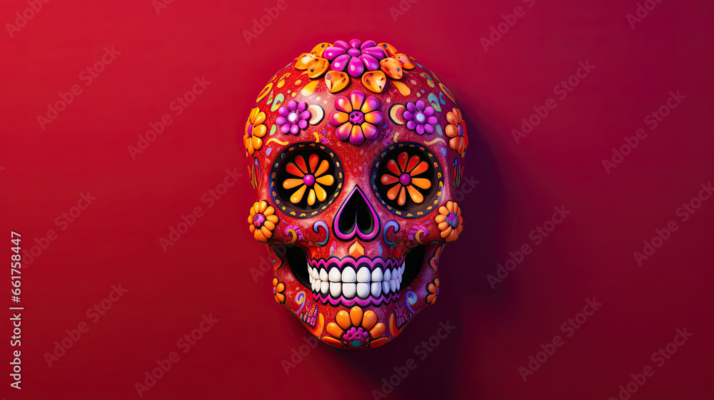 A single sugar skull or Catrina on a vivid maroon background or wallpaper A single sugar skull or Catrina on a vivid maroon background or wallpaper