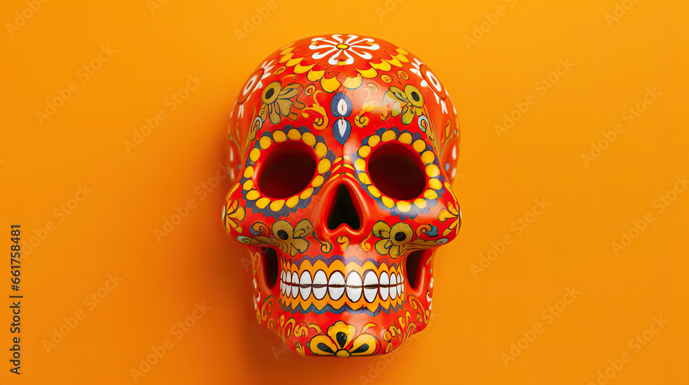 A single sugar skull or Catrina on a vivid orange background or wallpaper A single sugar skull or Catrina on a vivid orange background or wallpaper