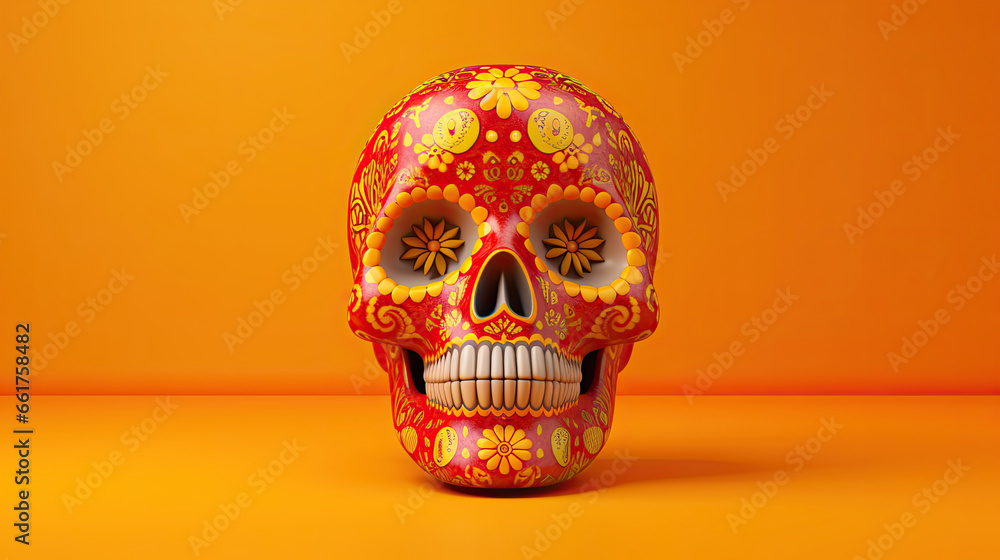 A single sugar skull or Catrina on a vivid orange background or wallpaper