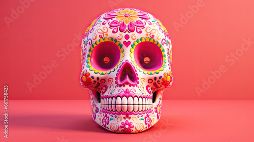 A single sugar skull or Catrina on a light pink background or wallpaper