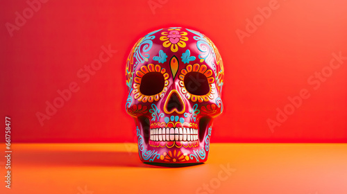 A single sugar skull or Catrina on a vivid red background or wallpaper