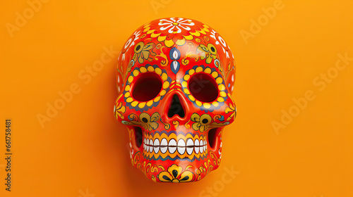 A single sugar skull or Catrina on a vivid orange background or wallpaper