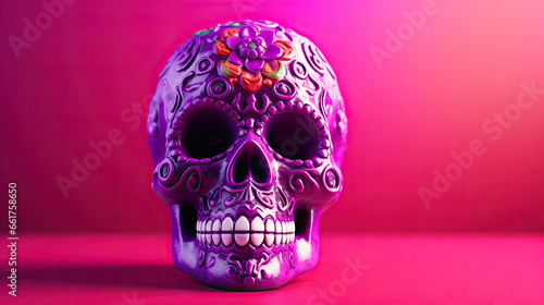 A single sugar skull or Catrina on a vivid magenta background or wallpaper