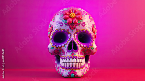 A single sugar skull or Catrina on a vivid pink background or wallpaper