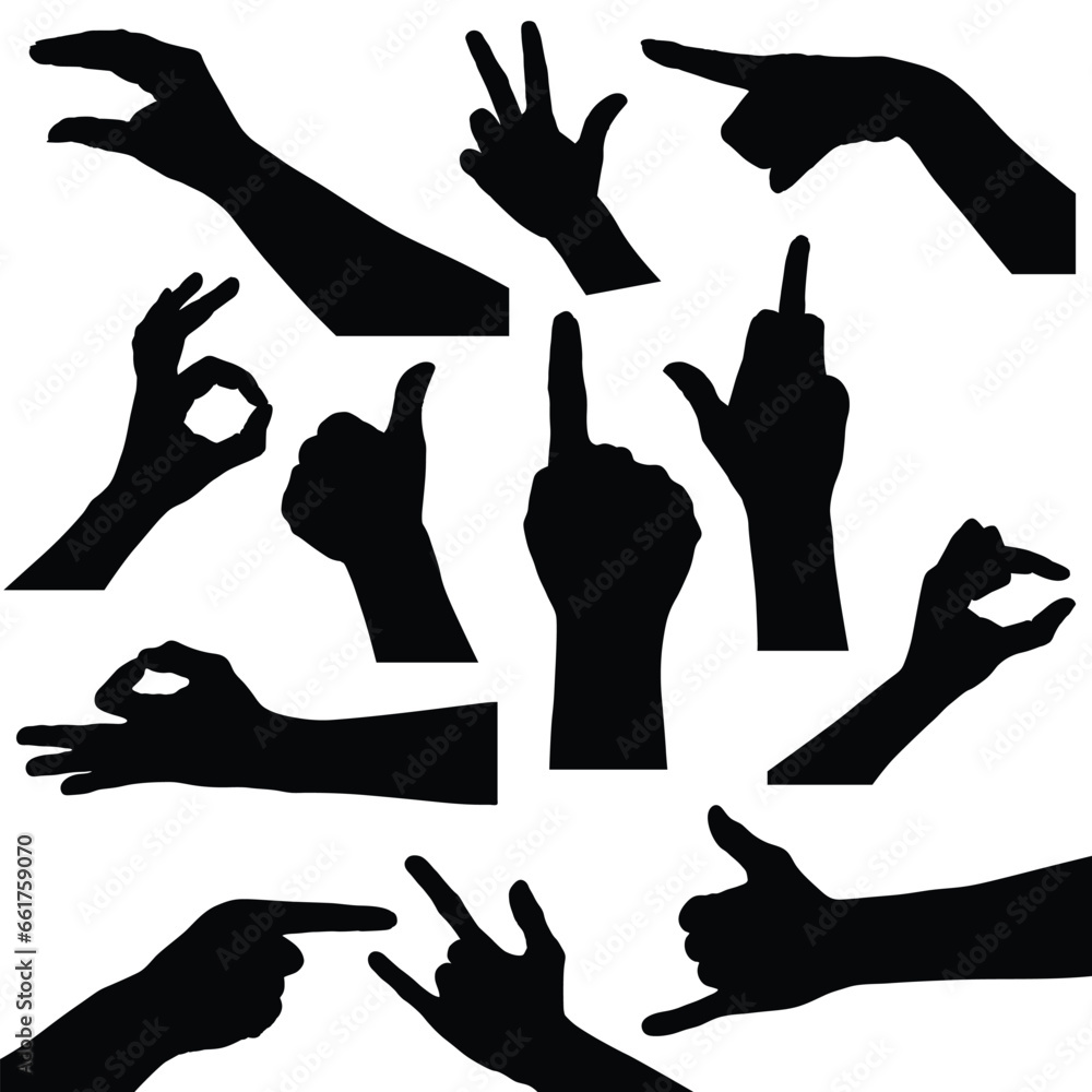 set of hand silhouettes isolated on white, Human hand gestures, collection of black hands, flat, silhouette hands pose collection, Vector illustration. set of hand silhouettes isolated on white, Human hand gestures, collection of black hands, flat, silhouette hands pose collection, Vector illustration.