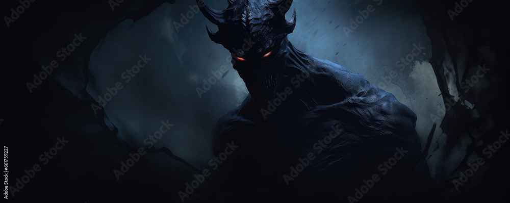 Dark menacing devil figure shrouded in shadows - obrazy, fototapety, plakaty 