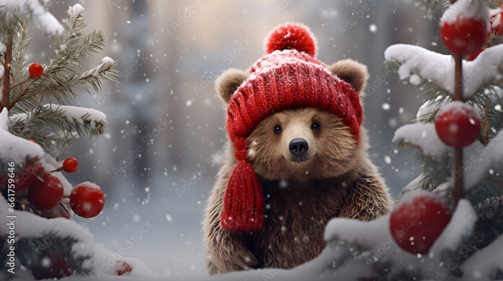 A cute brown grizzly bear cub with a Christmas red scarfed hat against the backdrop of a fabulous snowy forest with copy space. Cartoon illustration 3d. Christmas card. A cute brown grizzly bear cub with a Christmas red scarfed hat against the backdrop of a fabulous snowy forest with copy space. Cartoon illustration 3d. Christmas card.