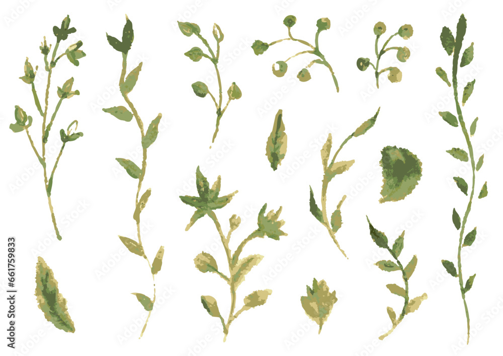 緑の絵墨で描いた様々な植物の素材セット