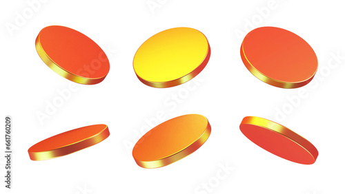 3d coin rendering illustration. coins isolated different views. set of colorful coins