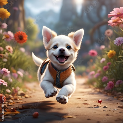 An AI-crafted image captures a delightful scene of a cute puppy, exuberantly running with a beaming smile, radiating pure happiness and boundless cheer
