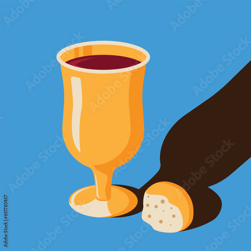 MIDCENTURY РЕТРО АРТ illustration. Golden chalice with bread for holy communion