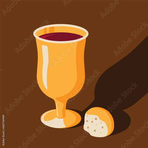 MIDCENTURY РЕТРО АРТ illustration. Golden chalice with bread for holy communion