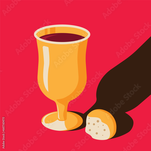 MIDCENTURY РЕТРО АРТ illustration. Golden chalice with bread for holy communion
