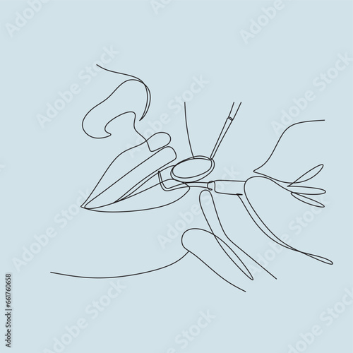 Dentistry, dentist and tooth, Caries treatment and teeth cleaning Line art. Minimalist illustration