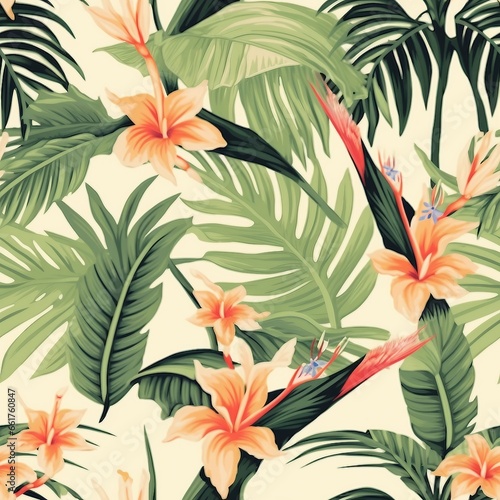 Beach cheerful seamless pattern wallpaper of tropical dark green leaves of palm trees and flowers bird of paradise plumeria on a light yellow background. generative ai.