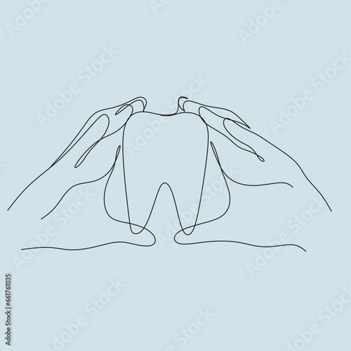 Dentistry, dentist and tooth, Caries treatment and teeth cleaning Line art. Minimalist illustration