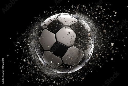 Particle-filled soccer ball on black background. Detailed 3D rendering. Generative AI