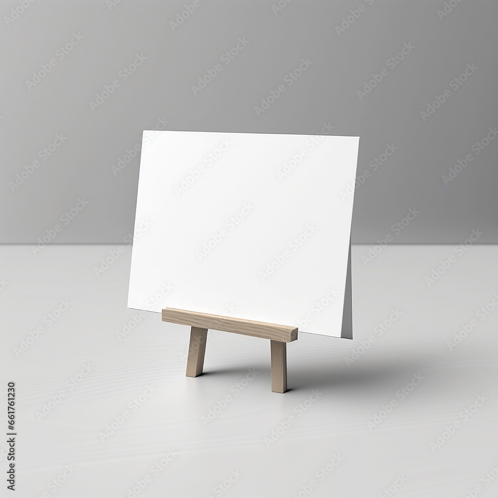 Blank Card on Wood Easel Mockup on Table with White Background Blank Card on Wood Easel Mockup on Table with White Background