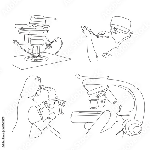 Young man scientist in white medical uniform look at sample in microscope in lab. Male researcher examine specimen in laboratory. Medicine and biotechnology. Vector illustration.