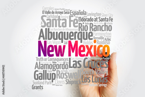 List of cities in New Mexico USA state, map silhouette word cloud, map concept background photo