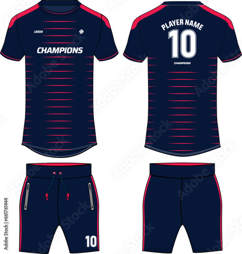 Sports jersey t shirt and shorts kit design flat sketch illustration, Stripe printed Round neck football jersey concept with front and back view for Cricket, soccer, Volleyball and uniform kit